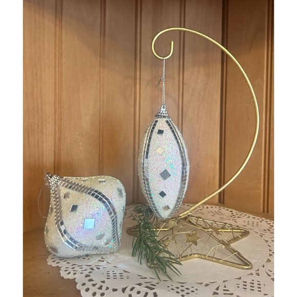 Retro White Silver Glittered Christmas Set of 2 Teardrop Ornaments Mirror Disco - Picture 3 of 3